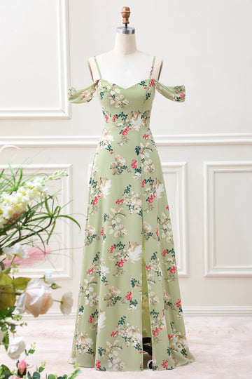 Green A Line Spaghetti Straps Floral Maxi Dress with Slit